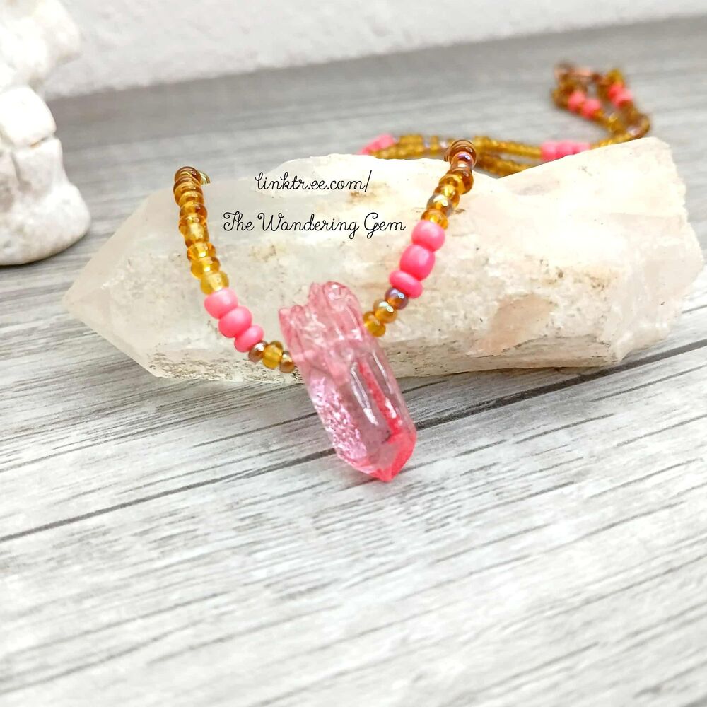 Dainty Pink Quartz Crystal Beaded Choker Necklace, 14"